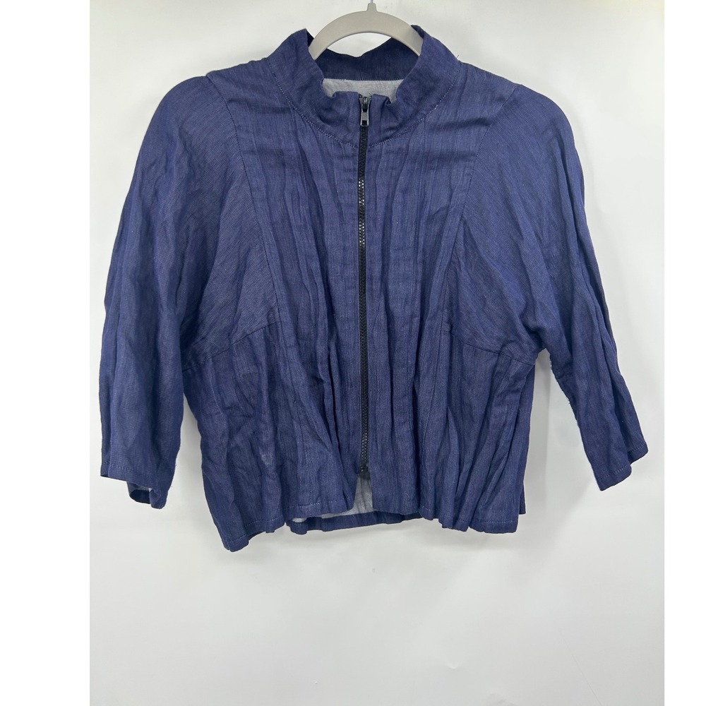 Babette San Francisco Blue Crinkle Zip Front Jacket Mock Neck Cotton Blend Sz P